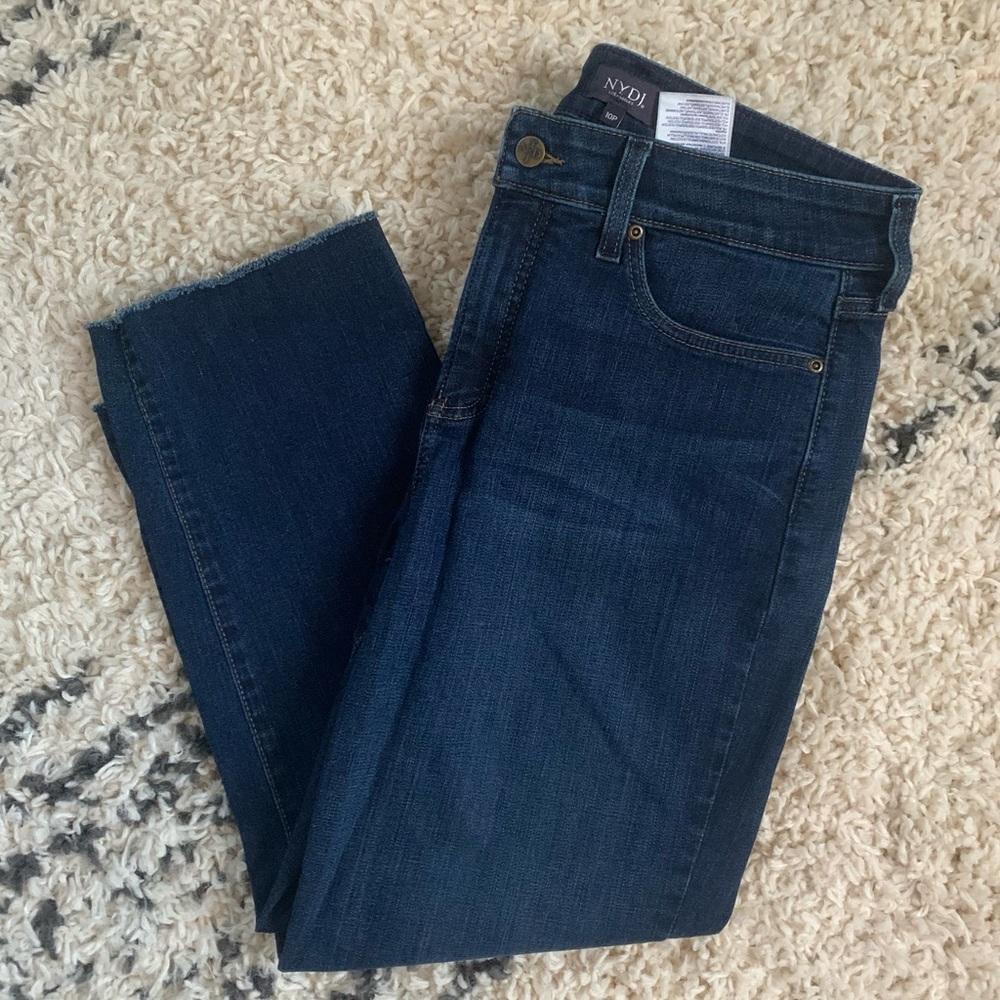 Straight Ankle Medium/Dark Wash Blue Jeans With Raw Hem - Gently Worn!